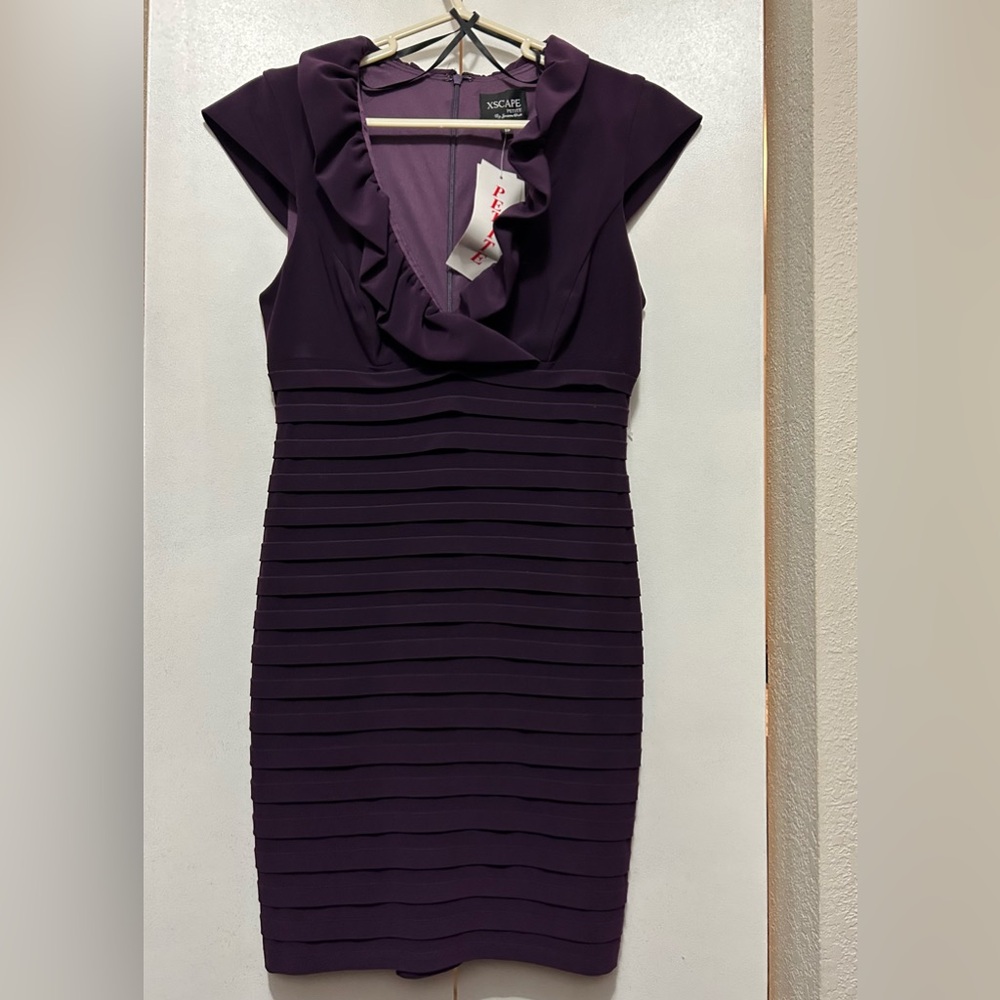 XSCAPE Joanna Chen Purple Plum Ruffled neck Petite Women's Dress 8P new w/tag
